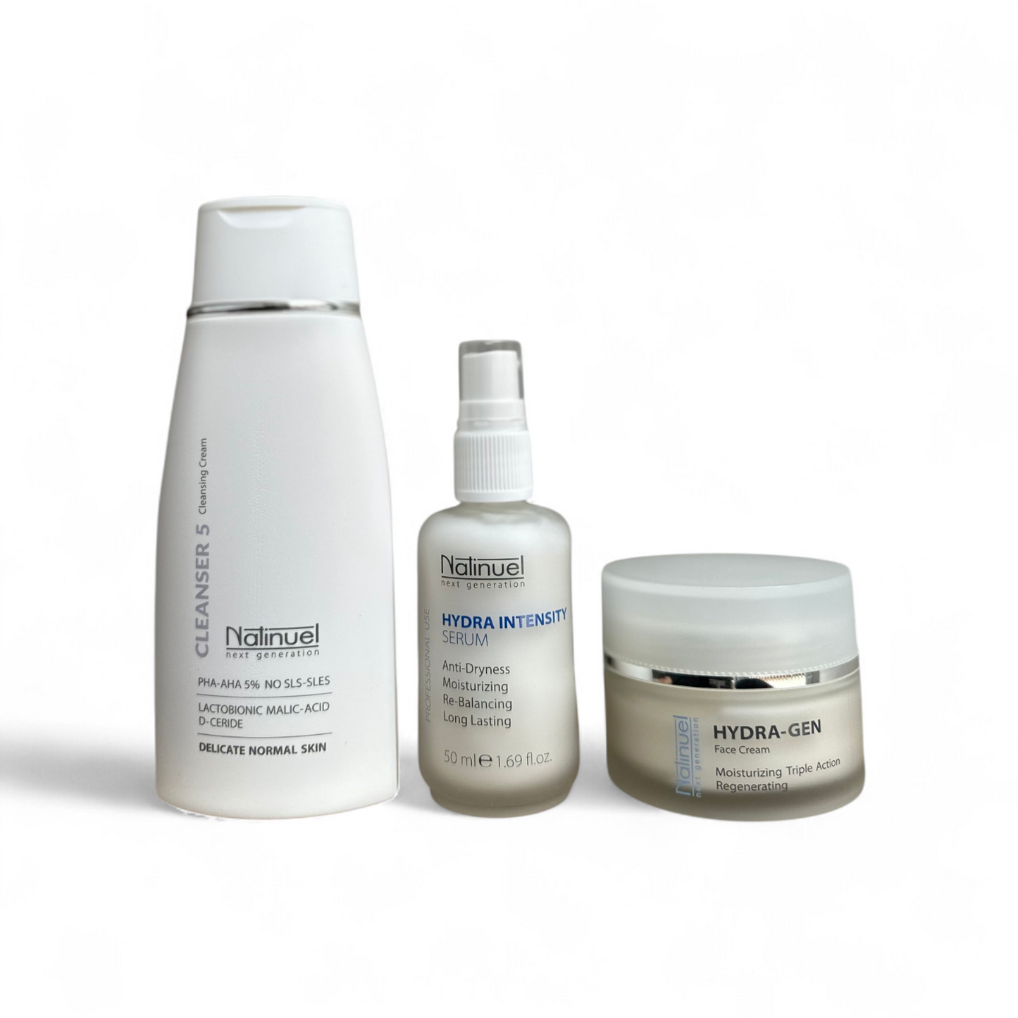Pack Cleanser 5% + Hydra Intensity Serum + Hydra Gen Face Cream (Natinuel) – Rutina Facial Hidratante y Renovador